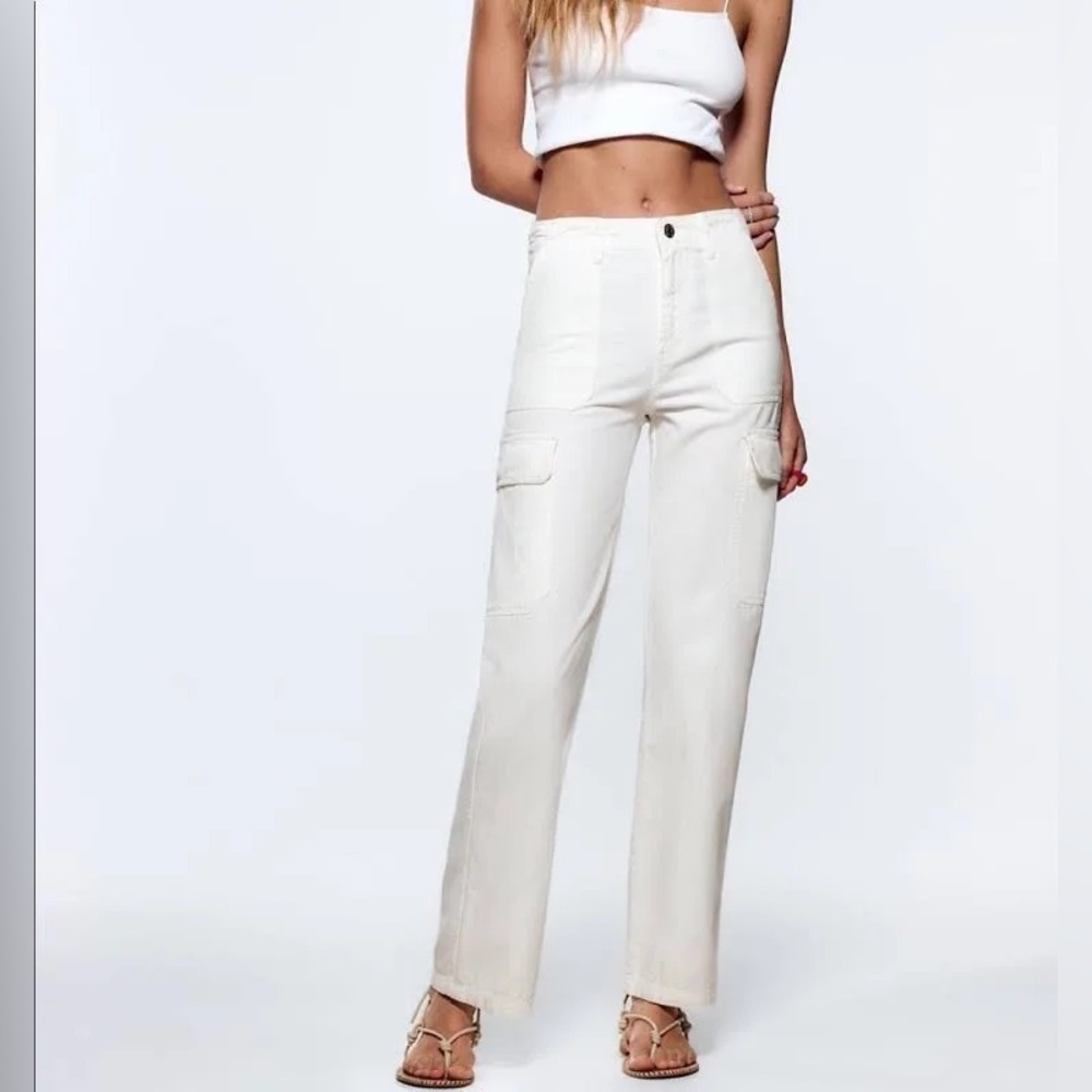 Zara Straight Leg Cotton Cargo Pants - Picture 12 of 13